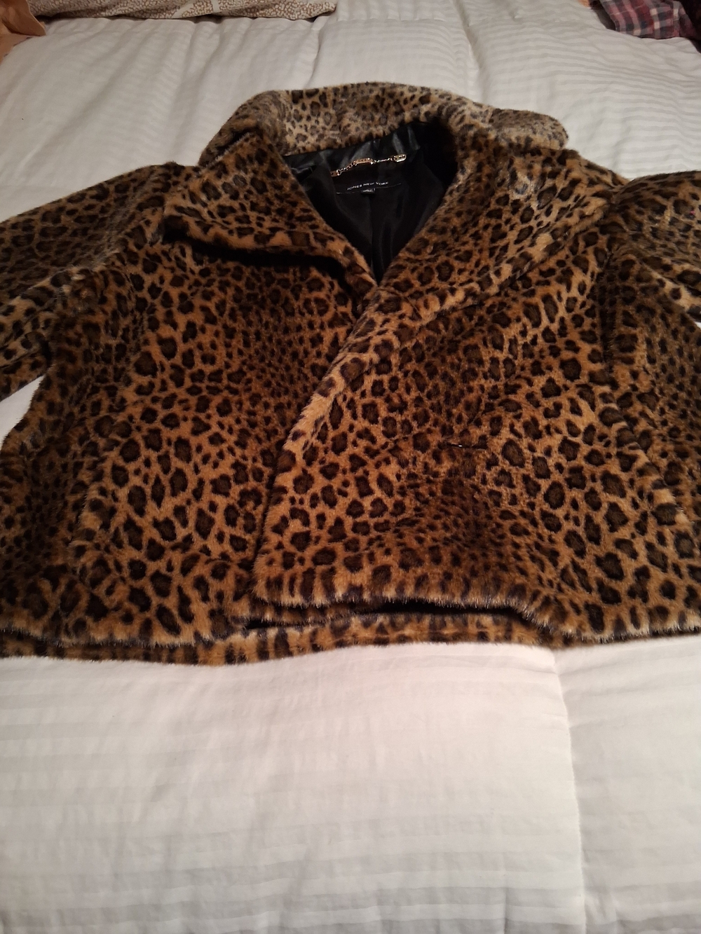 Jones New York Leopard Print Faux Fur Short Jacket in Brown and Black